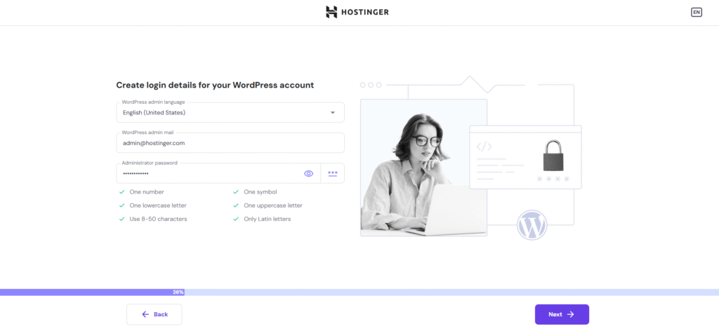Hostinger 创建 WordPress 账户登录信息界面，可选择管理语言、设置管理员邮箱及符合强度要求的密码，用于 Hostinger 搭建 WordPress 独立站的账户初始化环节