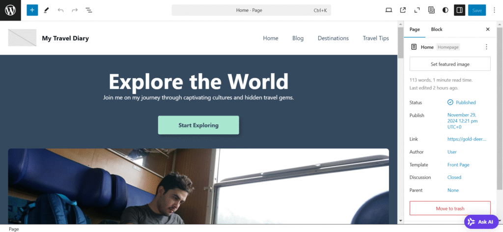 WordPress 全站编辑器界面，展示旅行博客‘My Travel Diary’的首页编辑效果，含‘Explore the World’标题、按钮及页面设置面板，用于 Hostinger 搭建 WordPress 独立站时的网站自定义环节