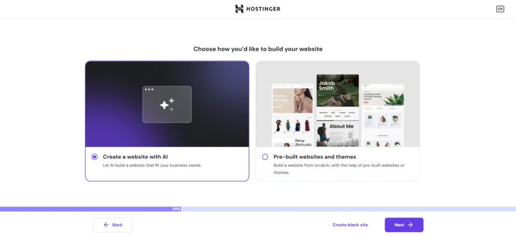Hostinger 建站方式选择界面，提供‘AI 创建网站’和‘预制网站及主题’两种选项，用于 Hostinger 搭建 WordPress 独立站时的建站方式决策环节